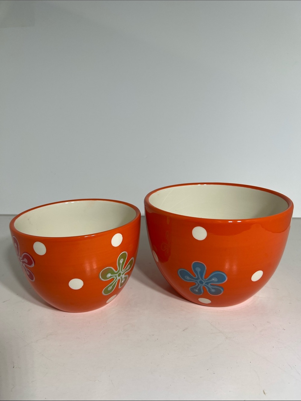 Bright Orange Floral Ceramic Mixing Bowls - Set of 2